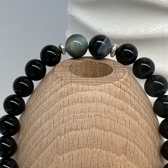BLUE Tiger Eye & Onyx Beaded Bracelet - Picture 3 of 12